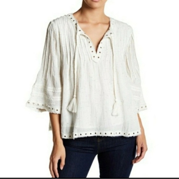 Tularosa REVOLVE Ivory confetti Bell Sleeve Babydoll Blouse Boho Top Pleated - Picture 1 of 10